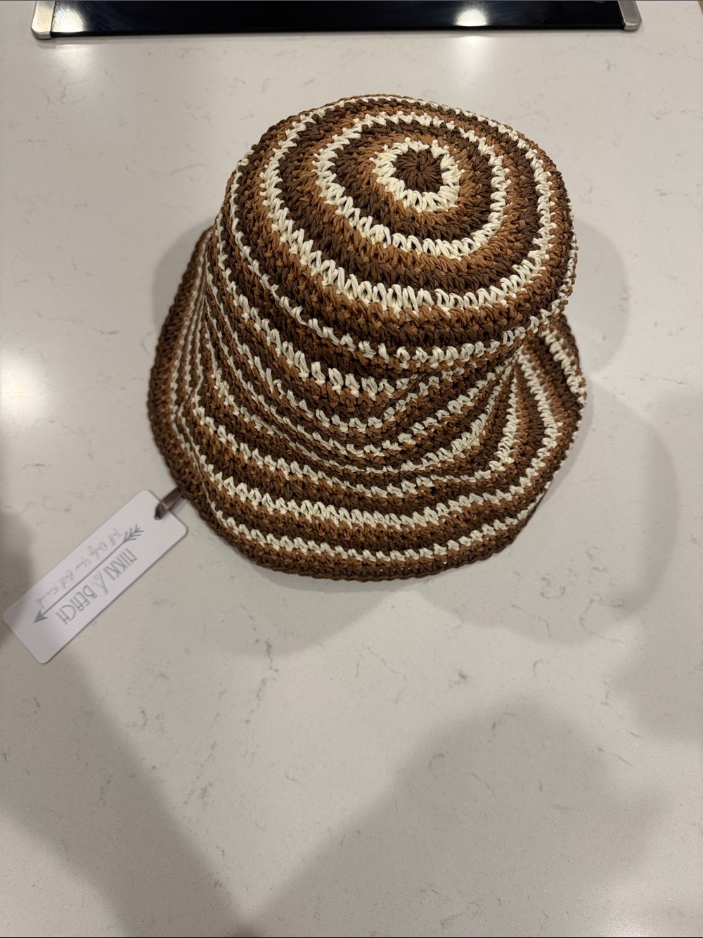 Nikki Beach Handwoven Brown and Cream Striped Bucket Hat -